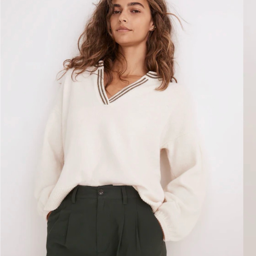Madewell Cream V-Neck Sweater With Brown Stripe Trim